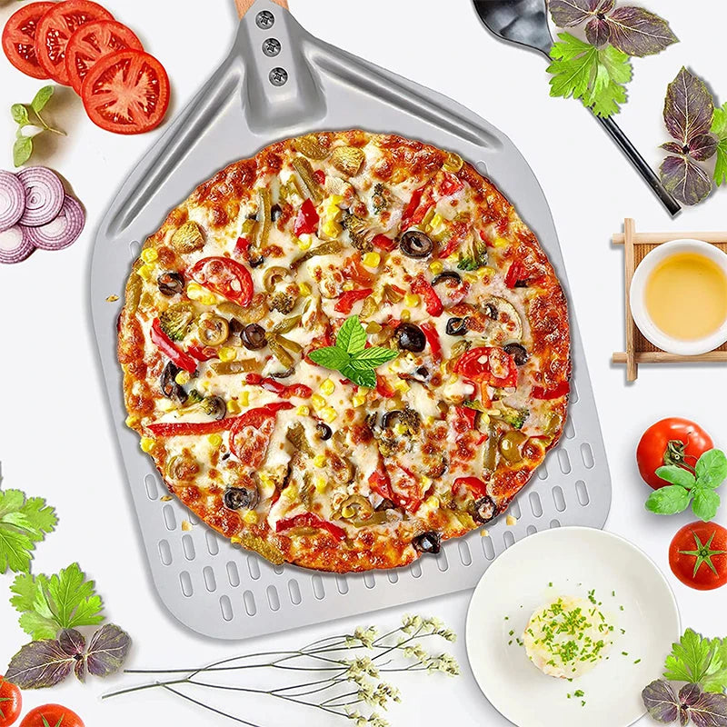 Pala per pizza perforata in alluminio con manico staccabile, antiaderente, spatola per cottura al forno, accessori