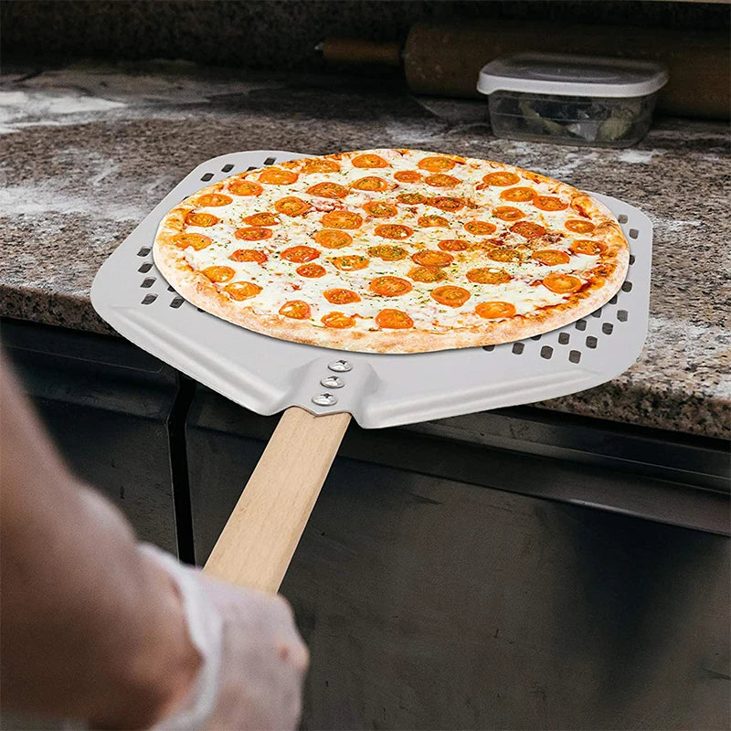 Pala per pizza perforata in alluminio con manico staccabile, antiaderente, spatola per cottura al forno, accessori
