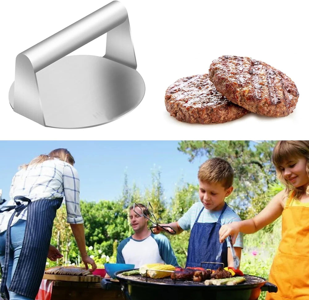 Pressa per hamburger in acciaio inox 304, circolare e quadrata, utensile da cucina, piastra antiaderente per pressare la carne.