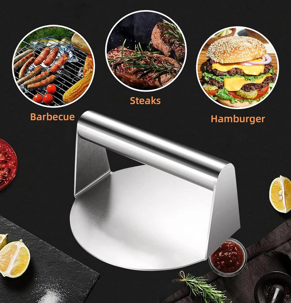 Pressa per hamburger in acciaio inox 304, circolare e quadrata, utensile da cucina, piastra antiaderente per pressare la carne.