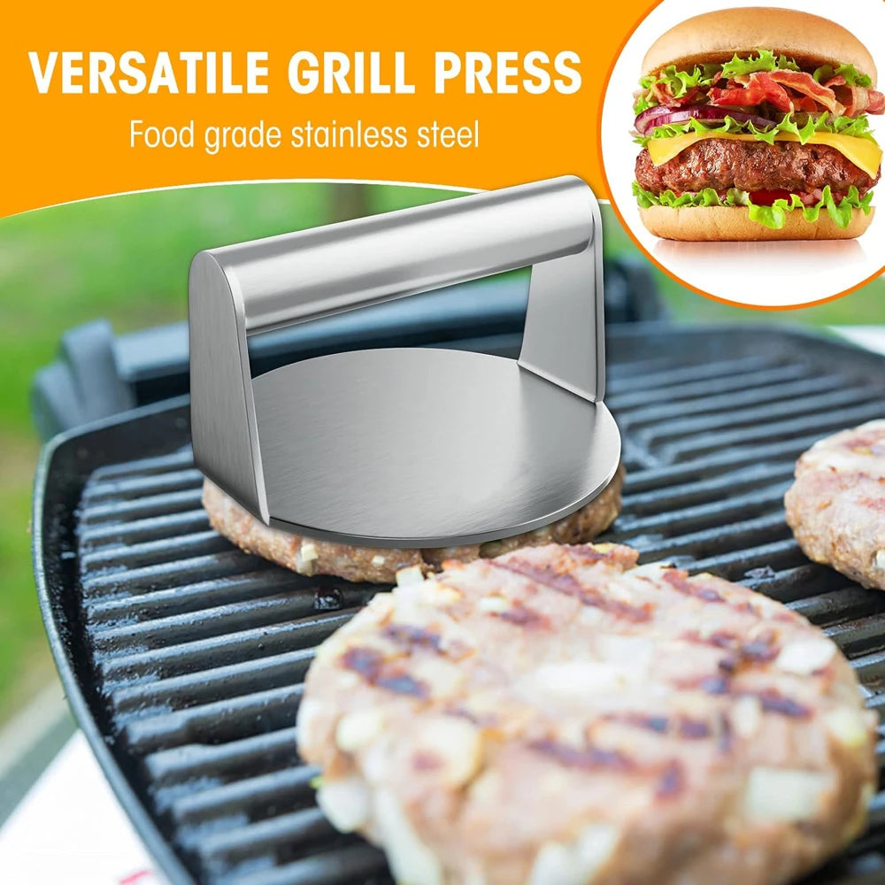 Pressa per hamburger in acciaio inox 304, circolare e quadrata, utensile da cucina, piastra antiaderente per pressare la carne.