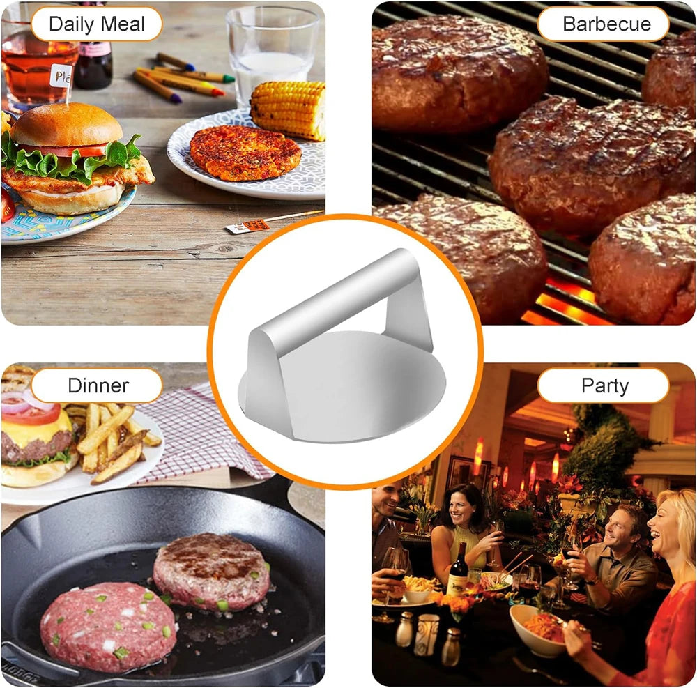 Pressa per hamburger in acciaio inox 304, circolare e quadrata, utensile da cucina, piastra antiaderente per pressare la carne.