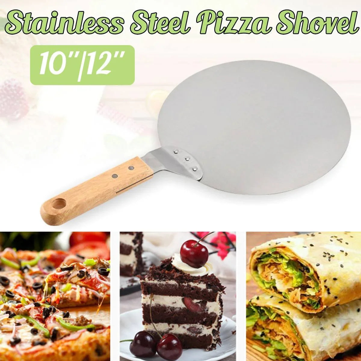 Pala per pizza, utensili per barbecue, manico in legno, in acciaio inossidabile, rotonda, anti-scottatura, teglia per forno