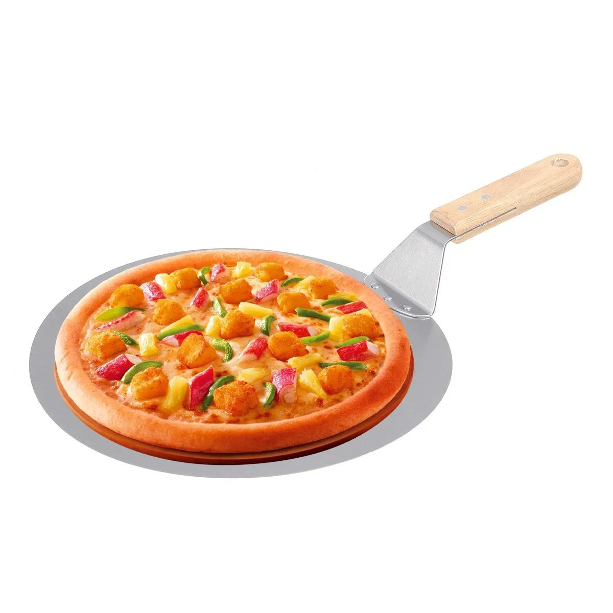 Pala per pizza, utensili per barbecue, manico in legno, in acciaio inossidabile, rotonda, anti-scottatura, teglia per forno