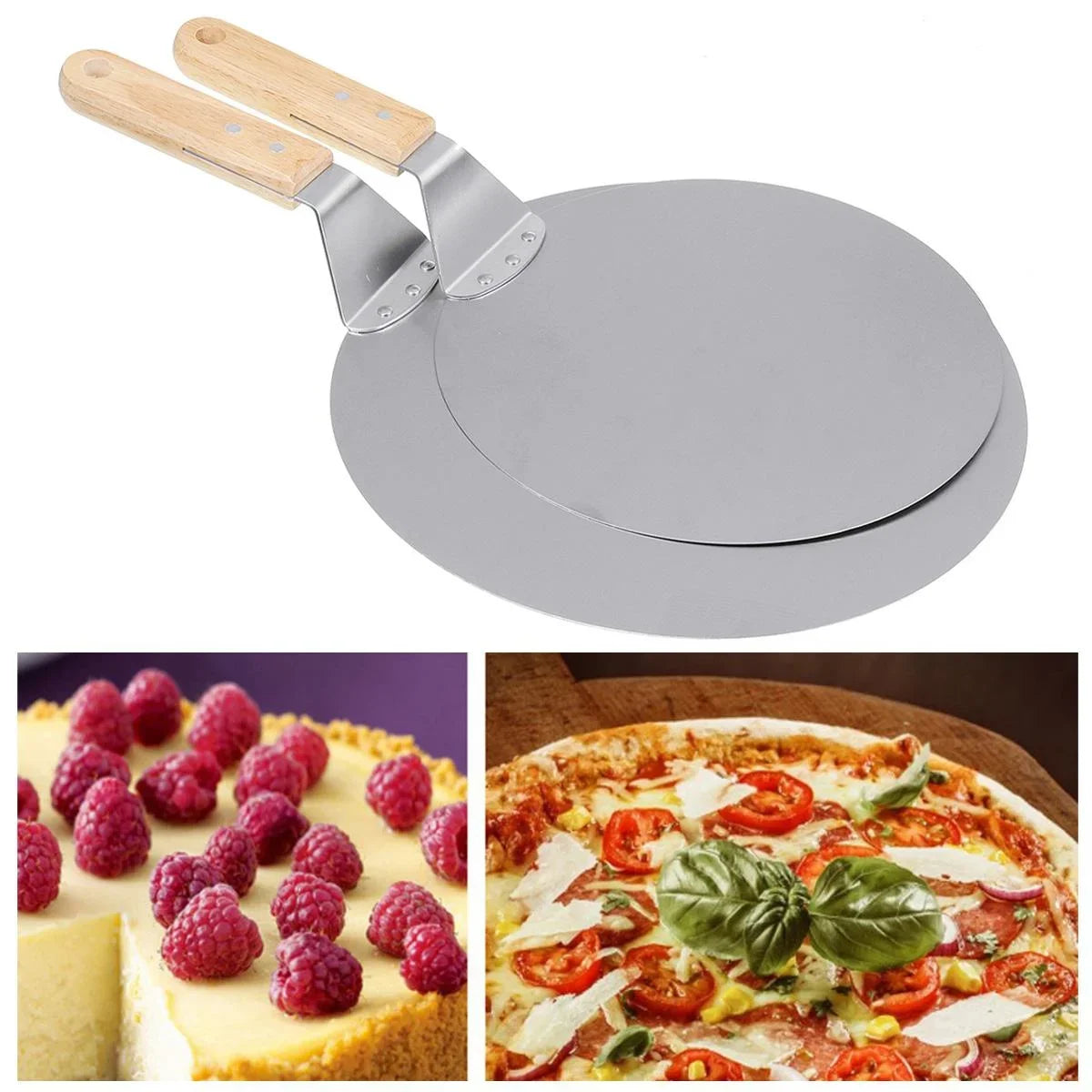 Pala per pizza, utensili per barbecue, manico in legno, in acciaio inossidabile, rotonda, anti-scottatura, teglia per forno