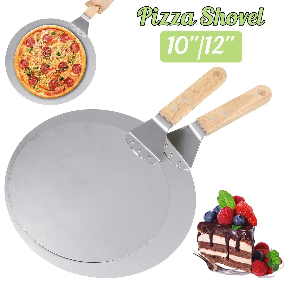 Pala per pizza, utensili per barbecue, manico in legno, in acciaio inossidabile, rotonda, anti-scottatura, teglia per forno