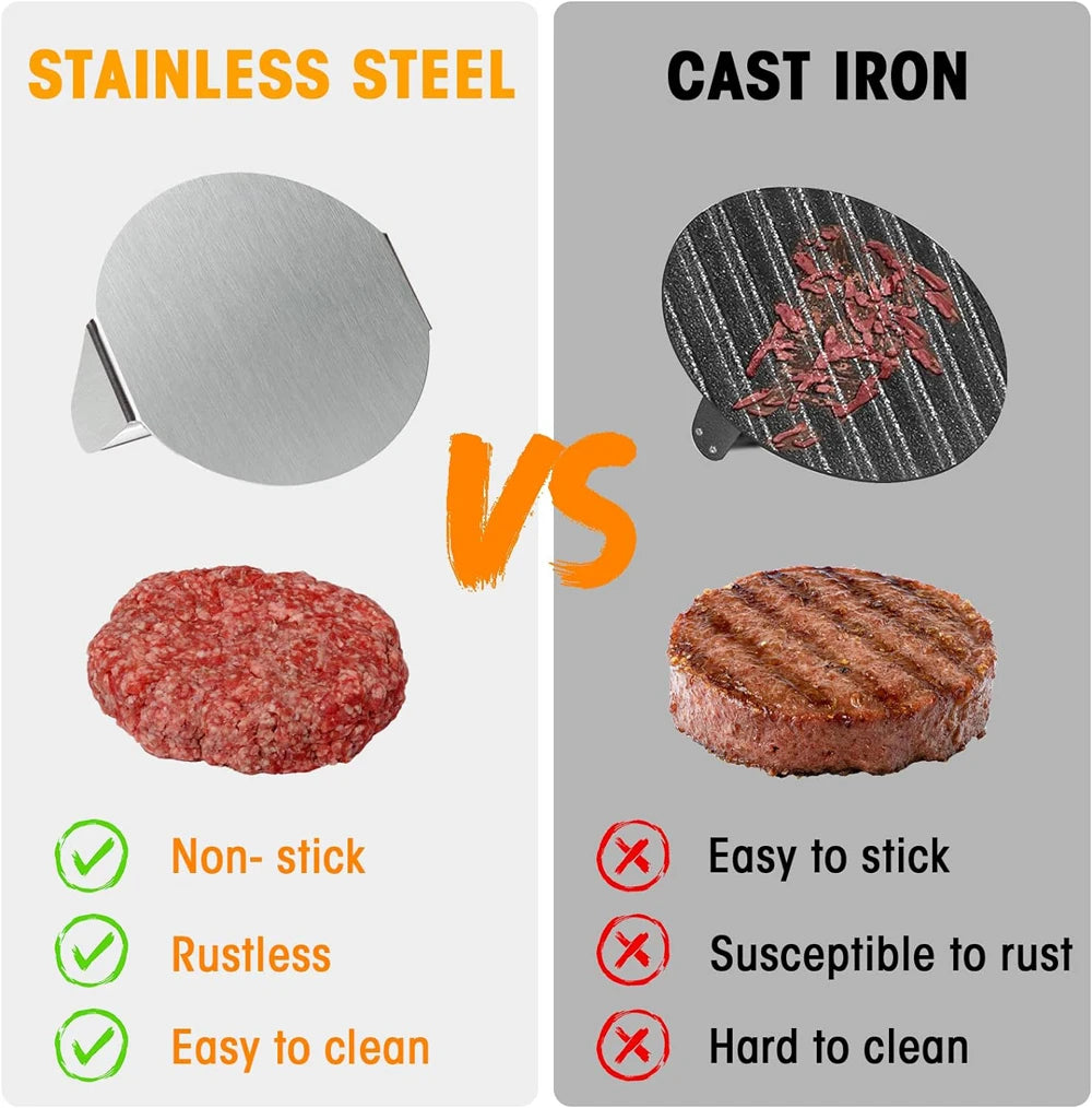 Pressa per hamburger in acciaio inox 304, circolare e quadrata, utensile da cucina, piastra antiaderente per pressare la carne.