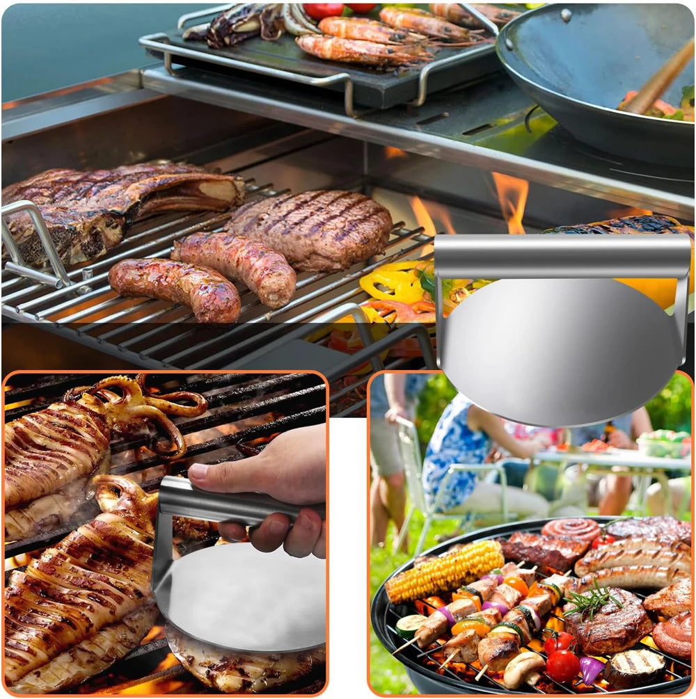 Pressa per hamburger in acciaio inox 304, circolare e quadrata, utensile da cucina, piastra antiaderente per pressare la carne.