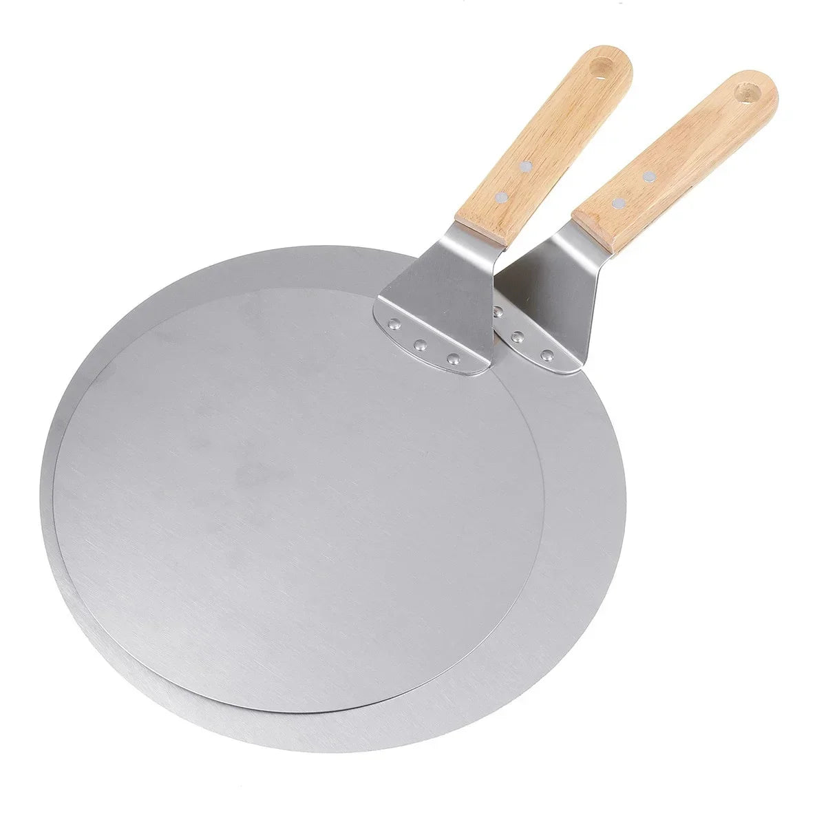 Pala per pizza, utensili per barbecue, manico in legno, in acciaio inossidabile, rotonda, anti-scottatura, teglia per forno