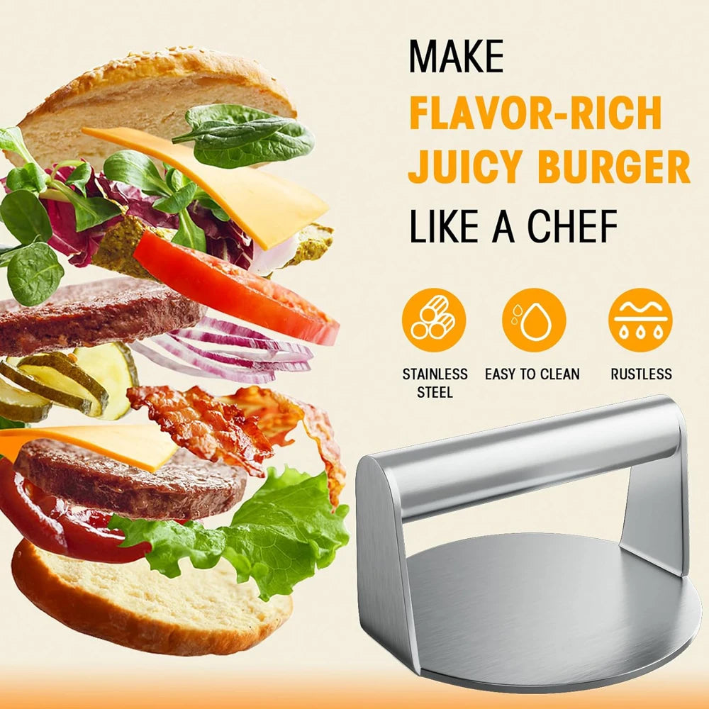 Pressa per hamburger in acciaio inox 304, circolare e quadrata, utensile da cucina, piastra antiaderente per pressare la carne.