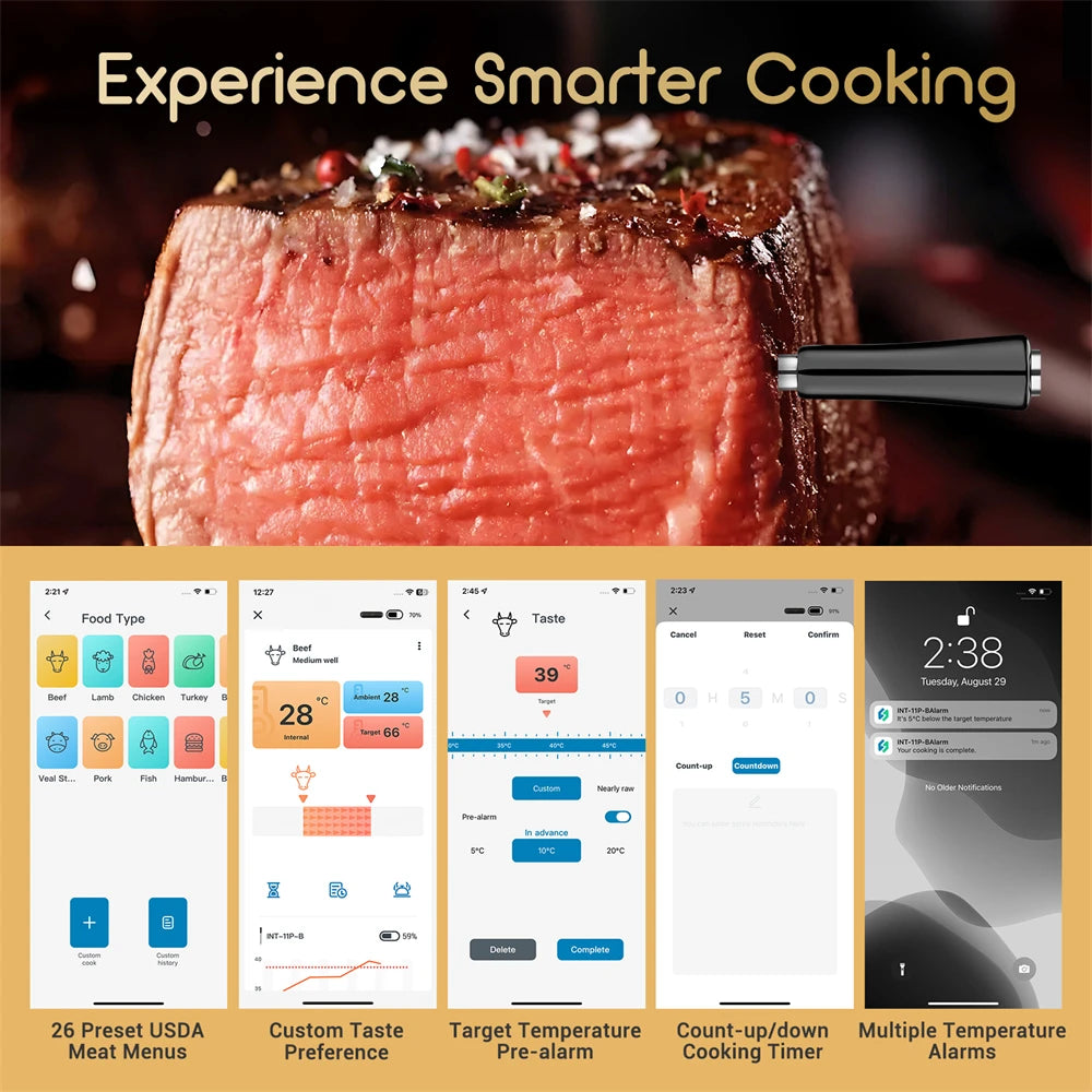 Termometro per carne wireless INKBIRD INT-11P-B Termometro per carne Bluetooth wireless per grigliare e affumicare IP67 Sonda intelligente impermeabile